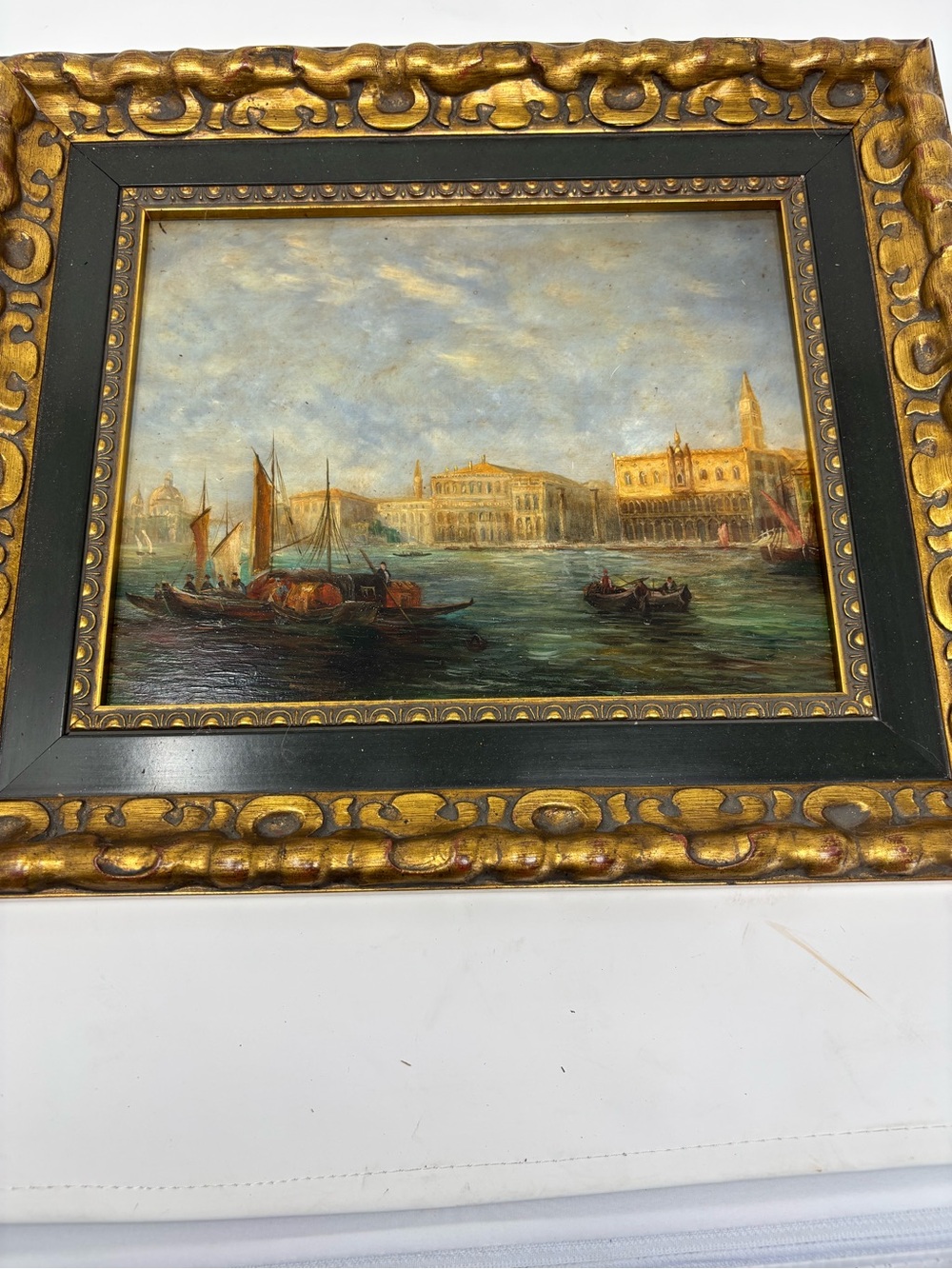 Antique Style Harbor Scene Painting sailboats And Figures Signed “Vichy” - Picture 2 of 8